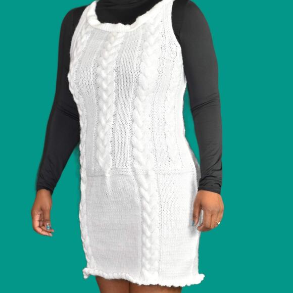 Sweater Knit Dress White Handmade Chunky Cable Sleeveless Mini Pencil Size Small - Picture 1 of 12